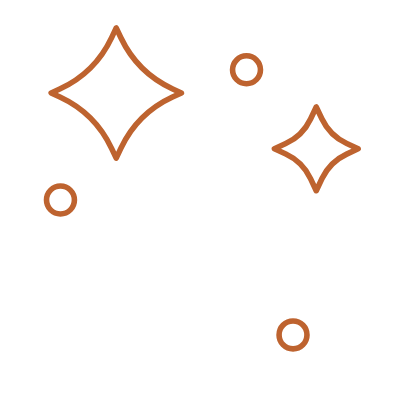 Graphic of sparkling stars and circles on a black background.
