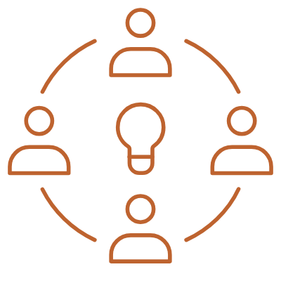 Outline of a group of four people surrounding a light bulb at the center, connected by curved lines.