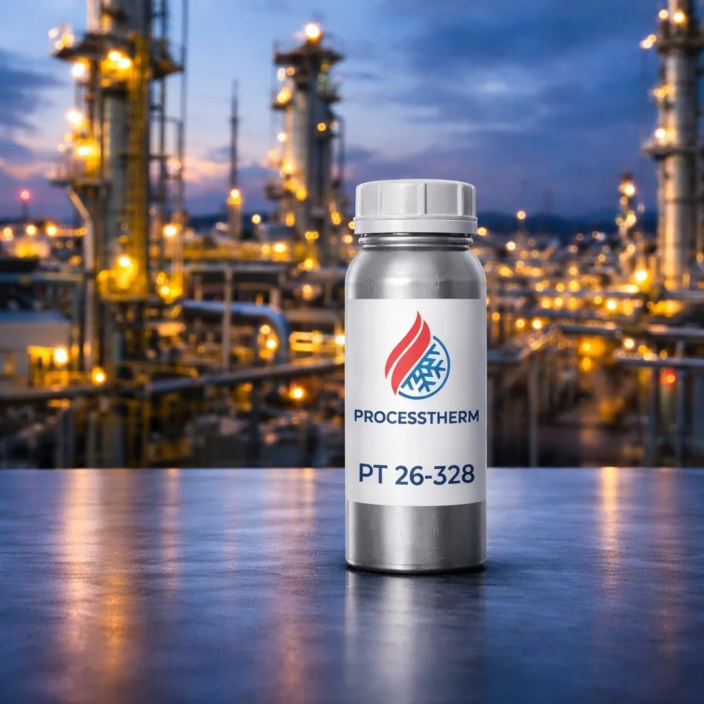 Silberne Flasche mit einem Etikett, das das Logo von PROCESSTHERM und die Aufschrift PT 26-328 zeigt, vor einem Industriepark mit Rohren und Türmen bei Dämmerung.