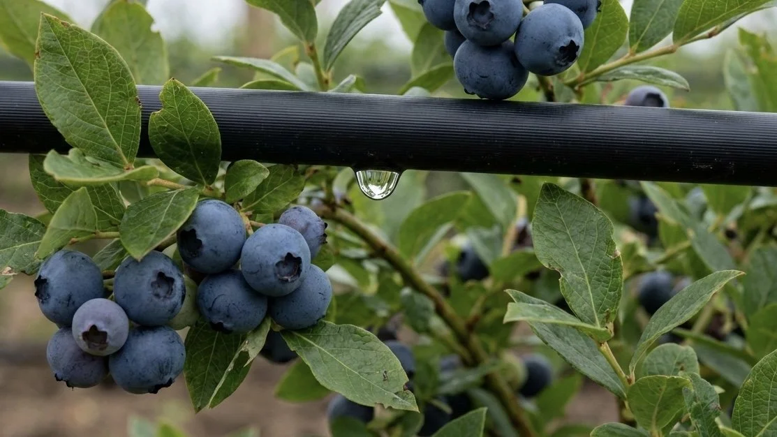 Close-up of blueberry bushes with ripe blueberries hanging from branches, green leaves, and a black drip irrigation tube with a water droplet.