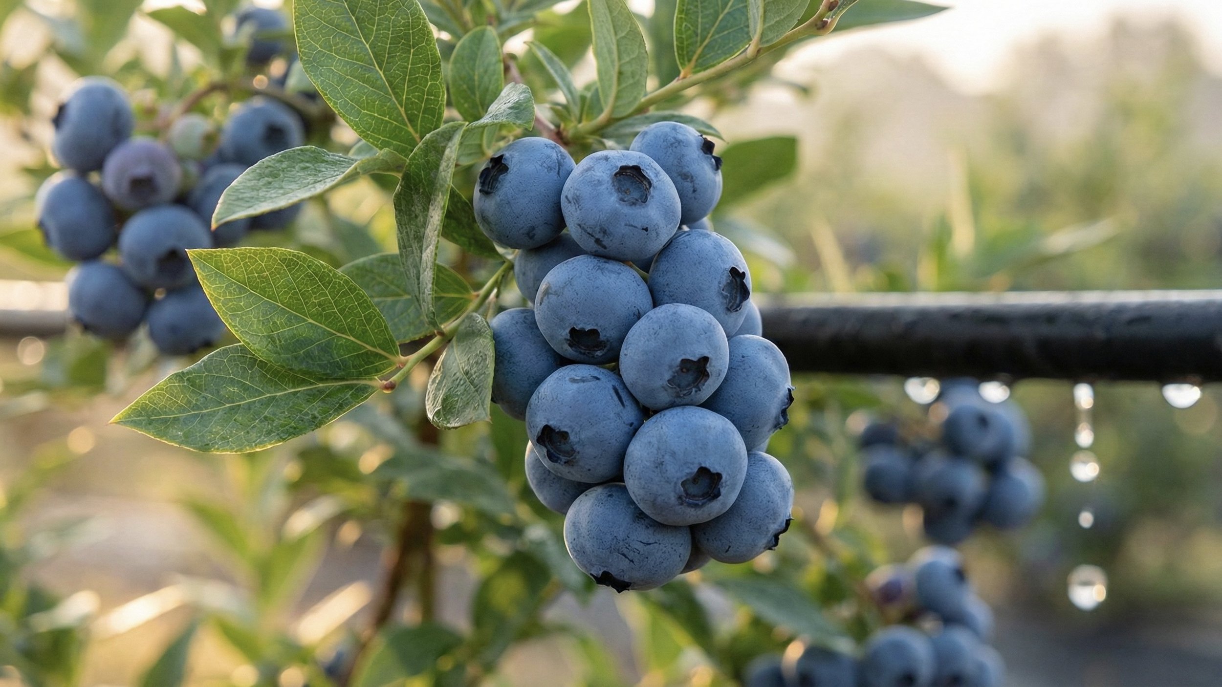 Cluster of ripe blueberries hanging from a branch with green leaves, with some dew drops on a black horizontal branch in the background.