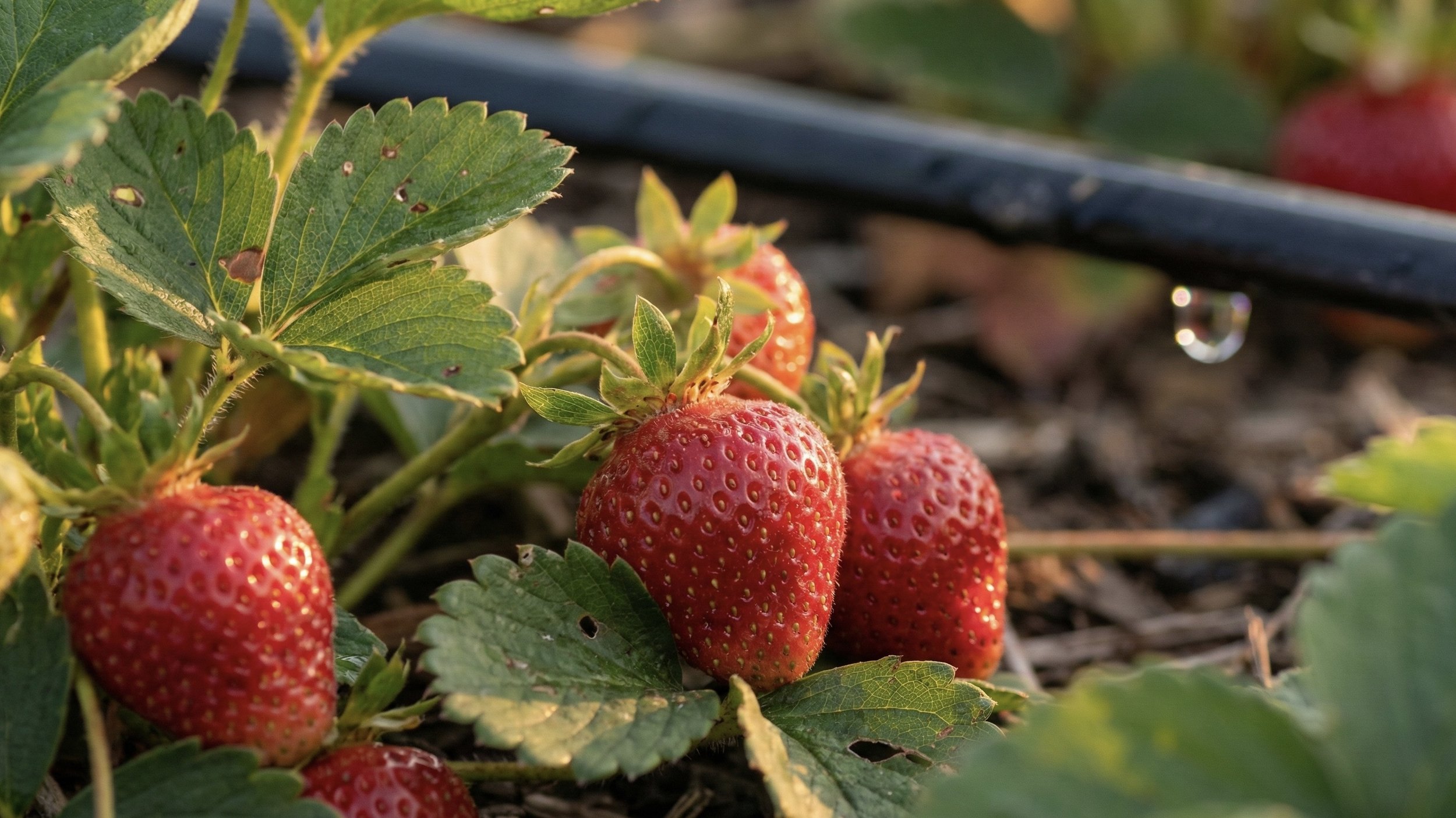 Close-up of ripe red strawberries growing among green leaves on a plant, with a black irrigation tube and a water droplet in the background.
