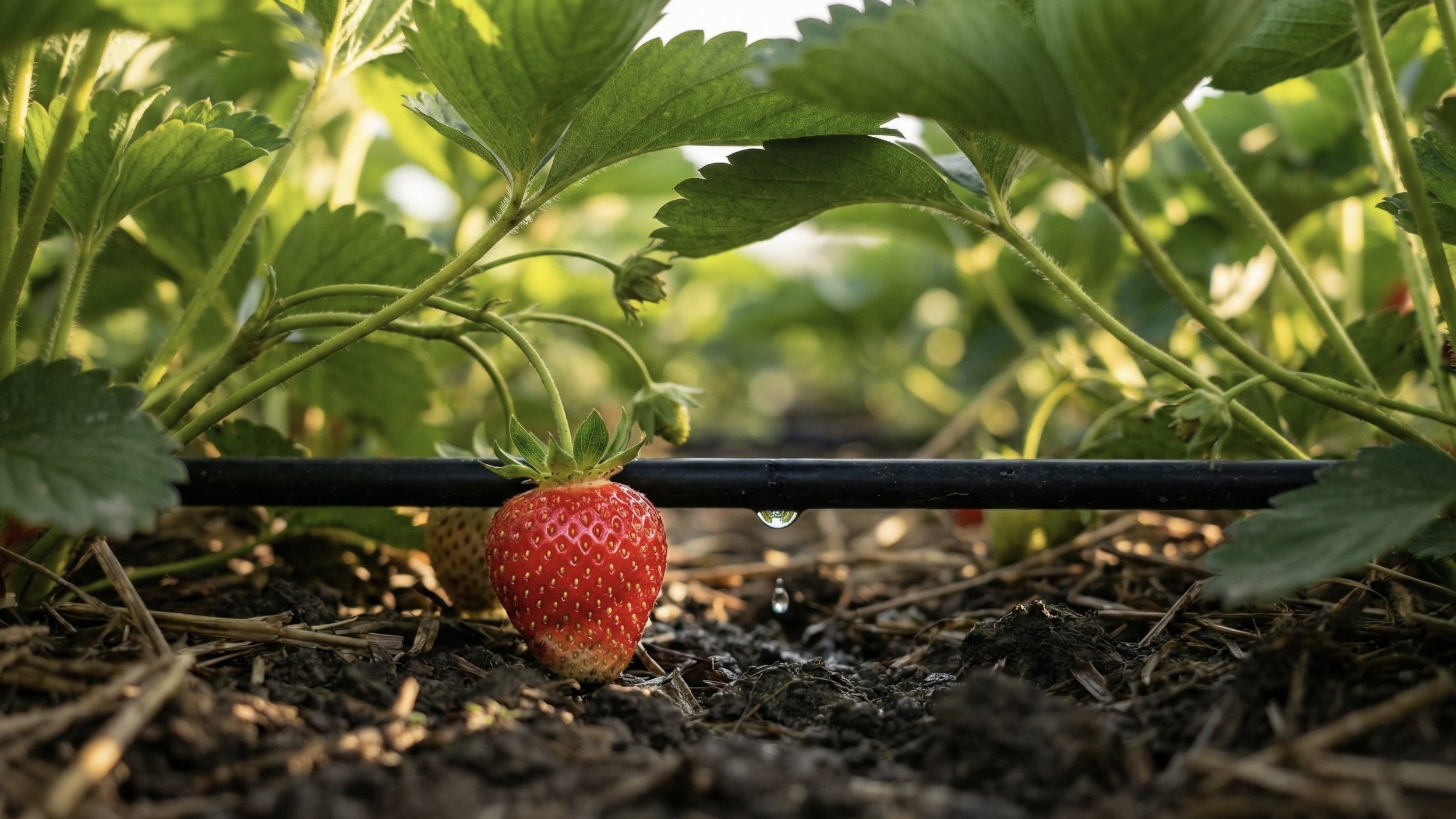 Close-up of a ripe red strawberry hanging from a plant in a strawberry patch, with green leaves and soil visible.