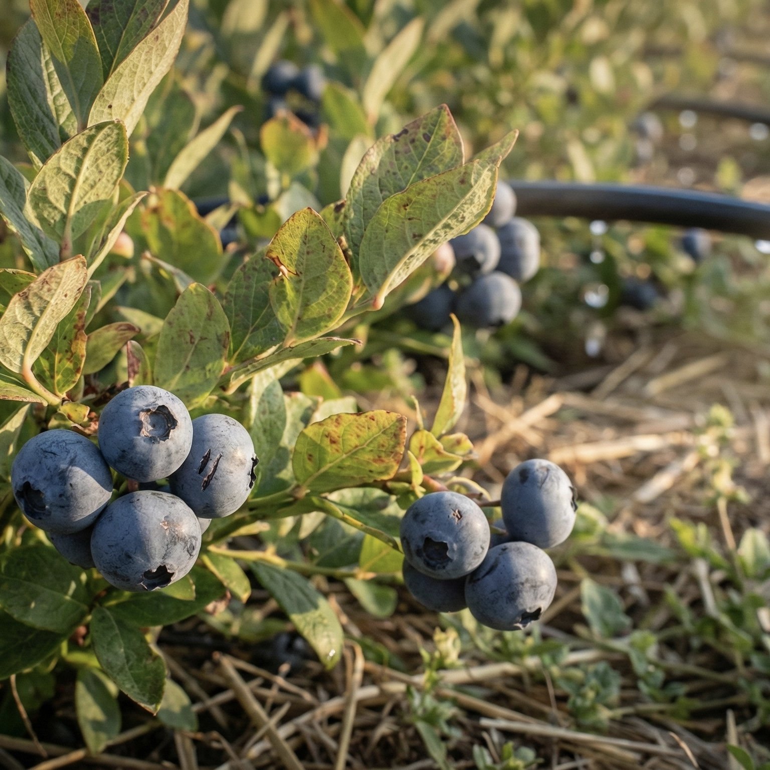 Close-up of ripe blueberries on a bush with green leaves, some leaves showing signs of yellowing, in a natural outdoor setting.