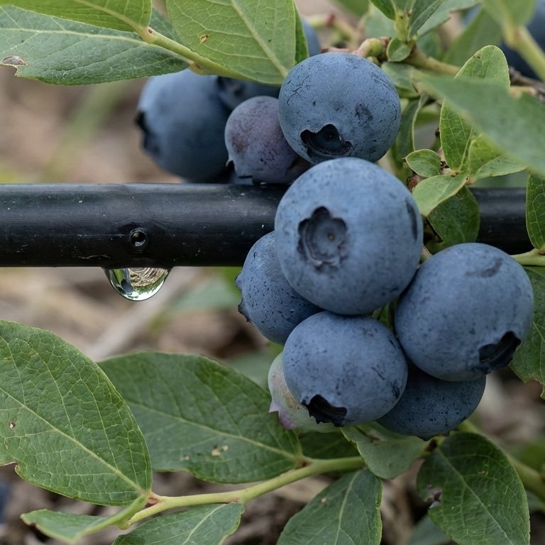 Close-up of ripe blueberries on a bush with green leaves, a water droplet hanging from a black support.