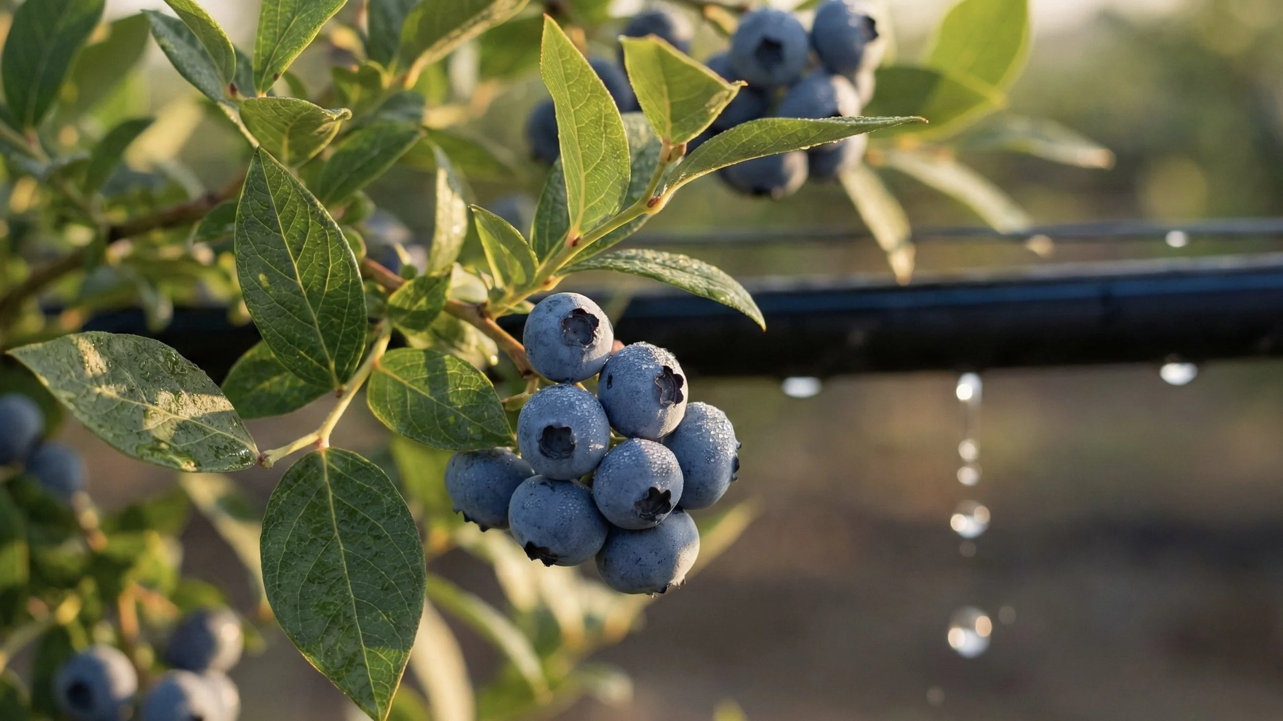 Cluster of ripe blueberries with water droplets, surrounded by green leaves, supported by a low horizontal black support, with sunlight shining on the berries.