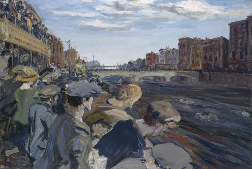 Painted scene of a crowded riverside promenade with people wearing hats, some holding umbrellas, and boats on the river, under a cloudy sky.