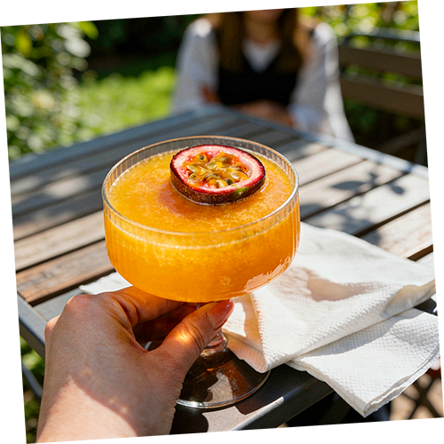 Verre de cocktail orange avec fruit de la passion en garniture, posé sur une table en bois lors d'une journée ensoleillée