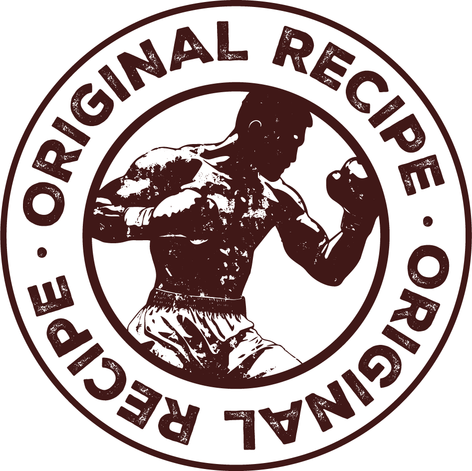 Logo circulaire avec un combattant en boxe ou arts martiaux, texte 'Original Recipe' autour.