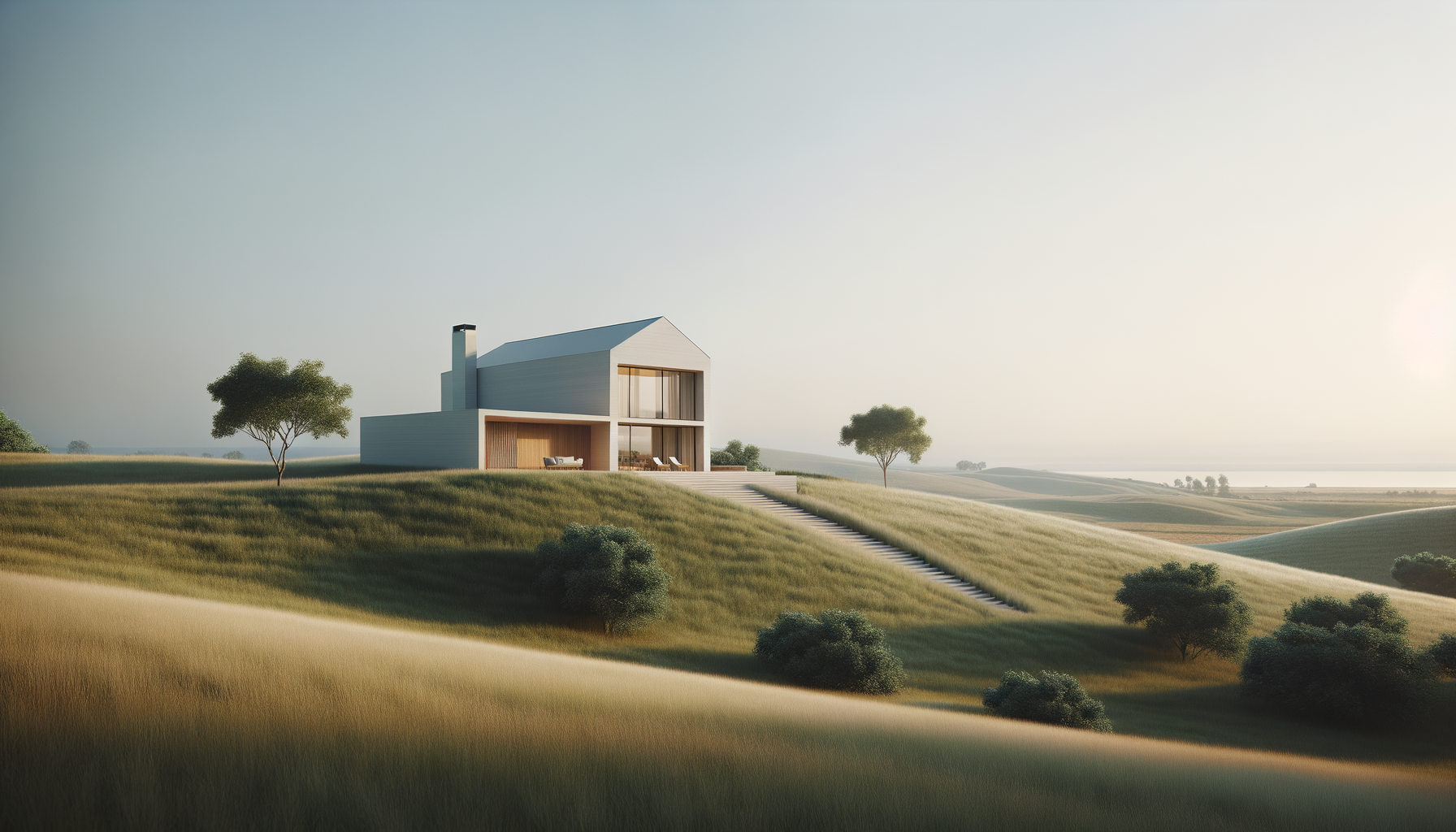 Modern house on a grassy hillside with trees and steps leading up to it, under a clear sky