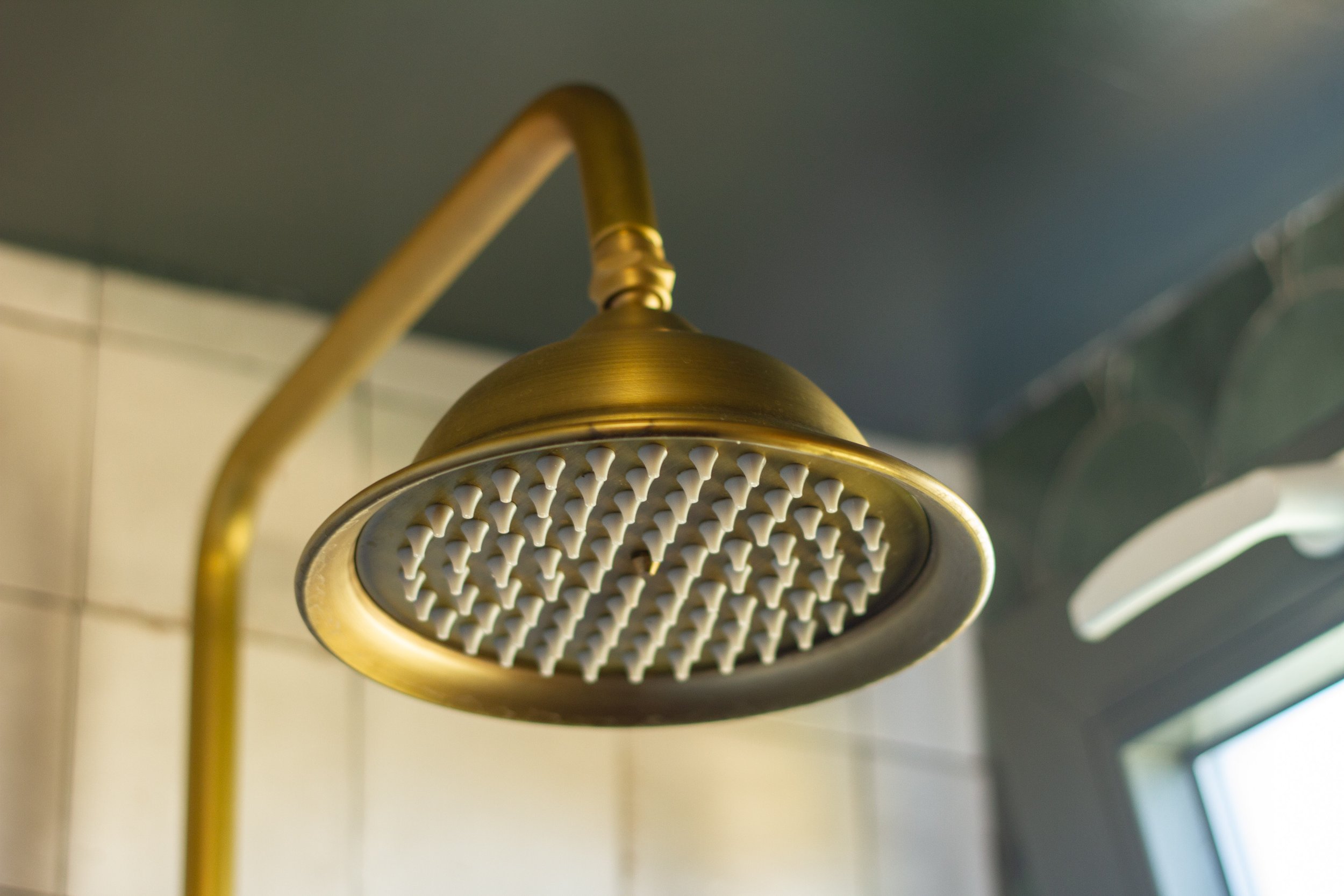 Brass showerhead mounted on a wall in a bathroom.