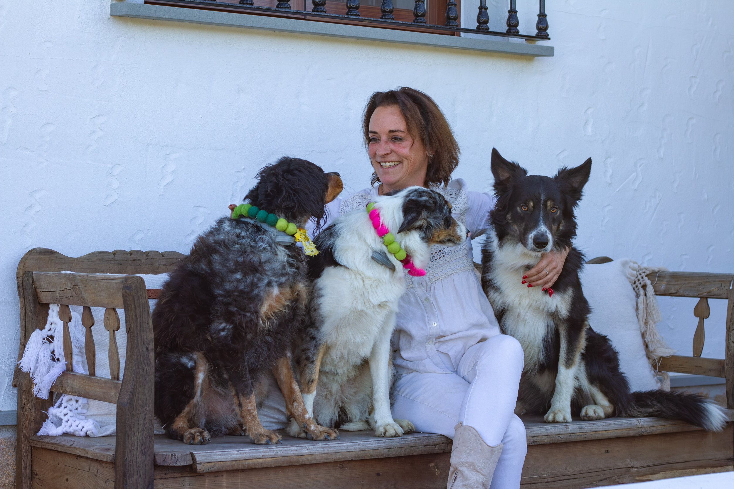 Woman sitting on a wooden bench outside, surrounded by four dogs, smiling and petting them.