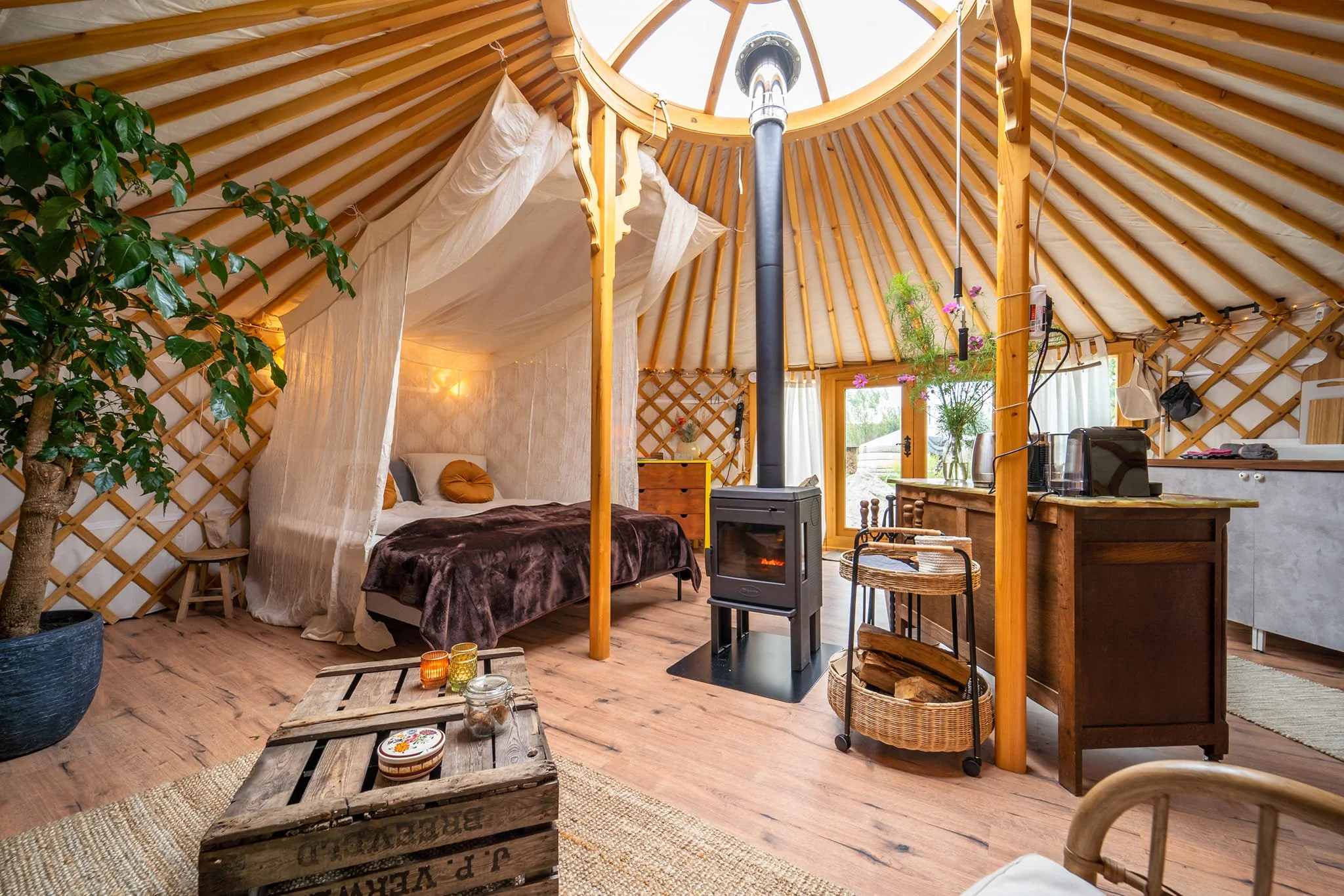 Interior of a yurt with a bed, wood stove, dining table, kitchen area, and plants.