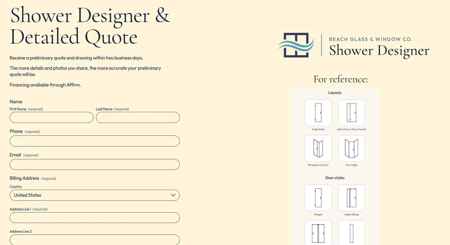 Beach Glass Shower Designer form with layout and door style reference chart