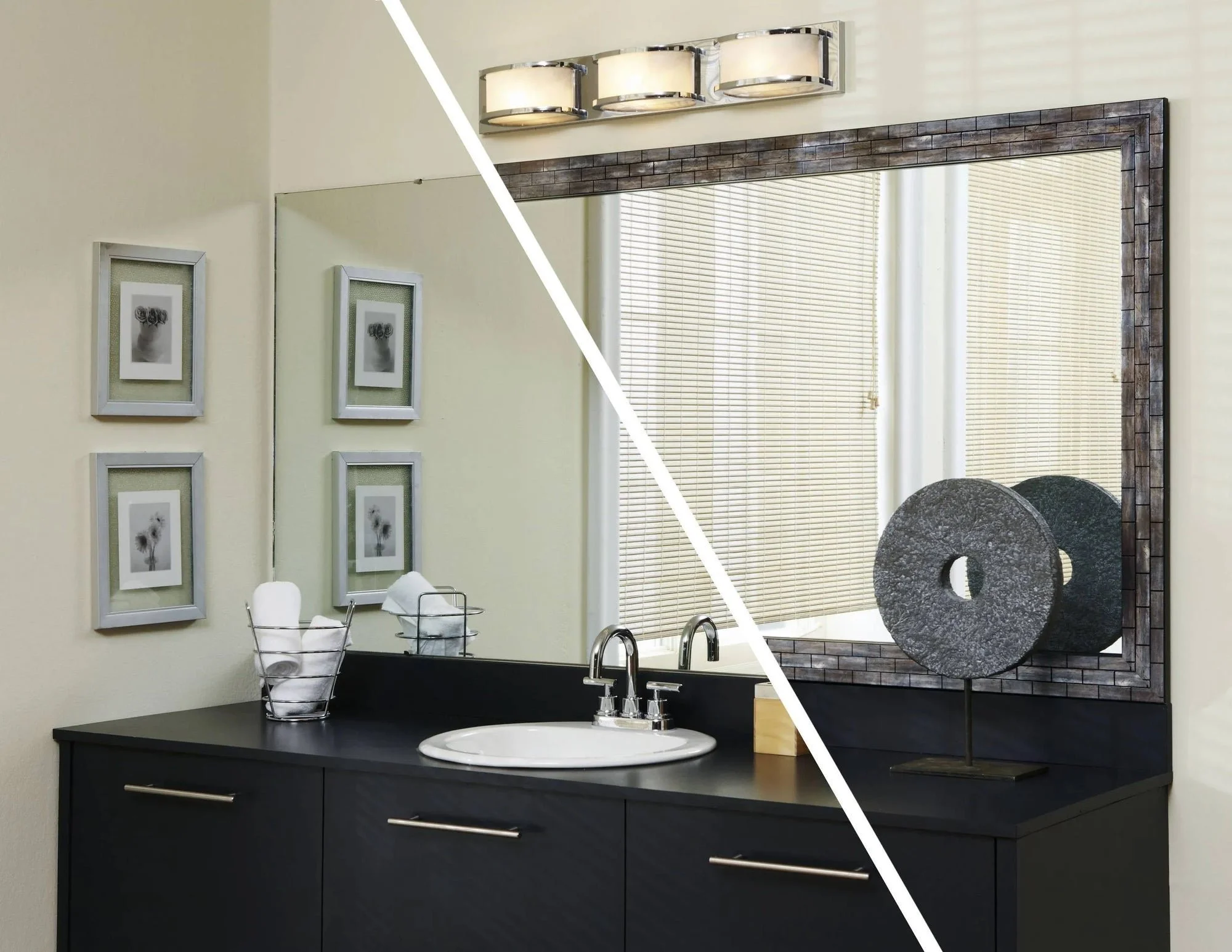 Bathroom vanity shown before and after, with a dated framed mirror replaced by a custom-cut wall mirror