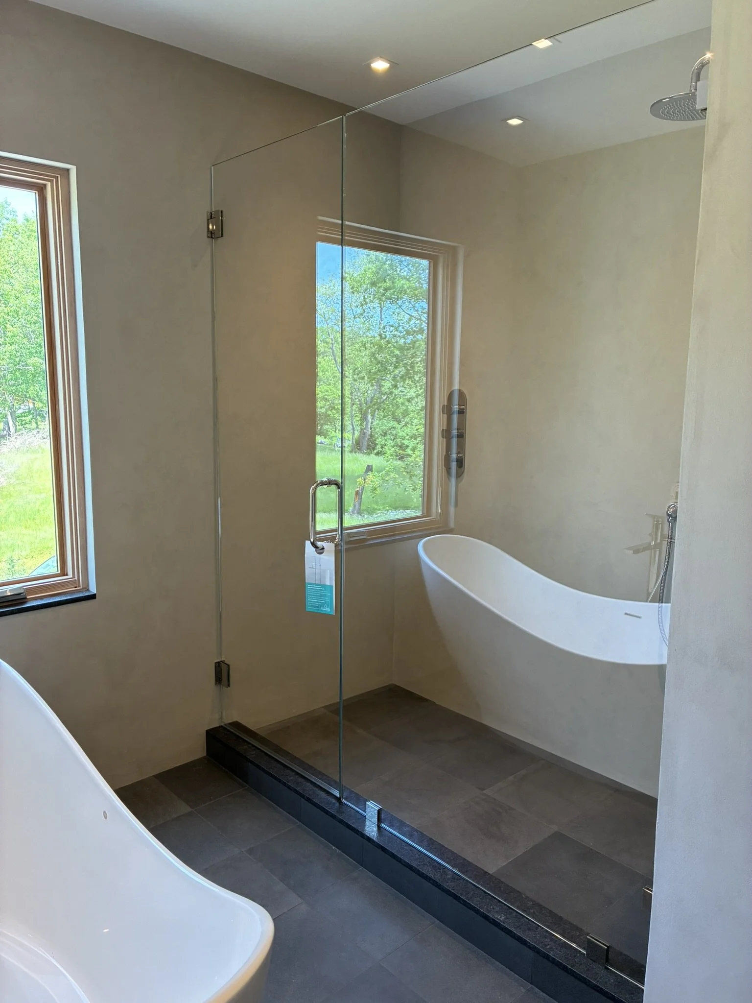 Modern bathroom with a glass shower enclosure, a white freestanding bathtub, and two windows showing greenery outside.