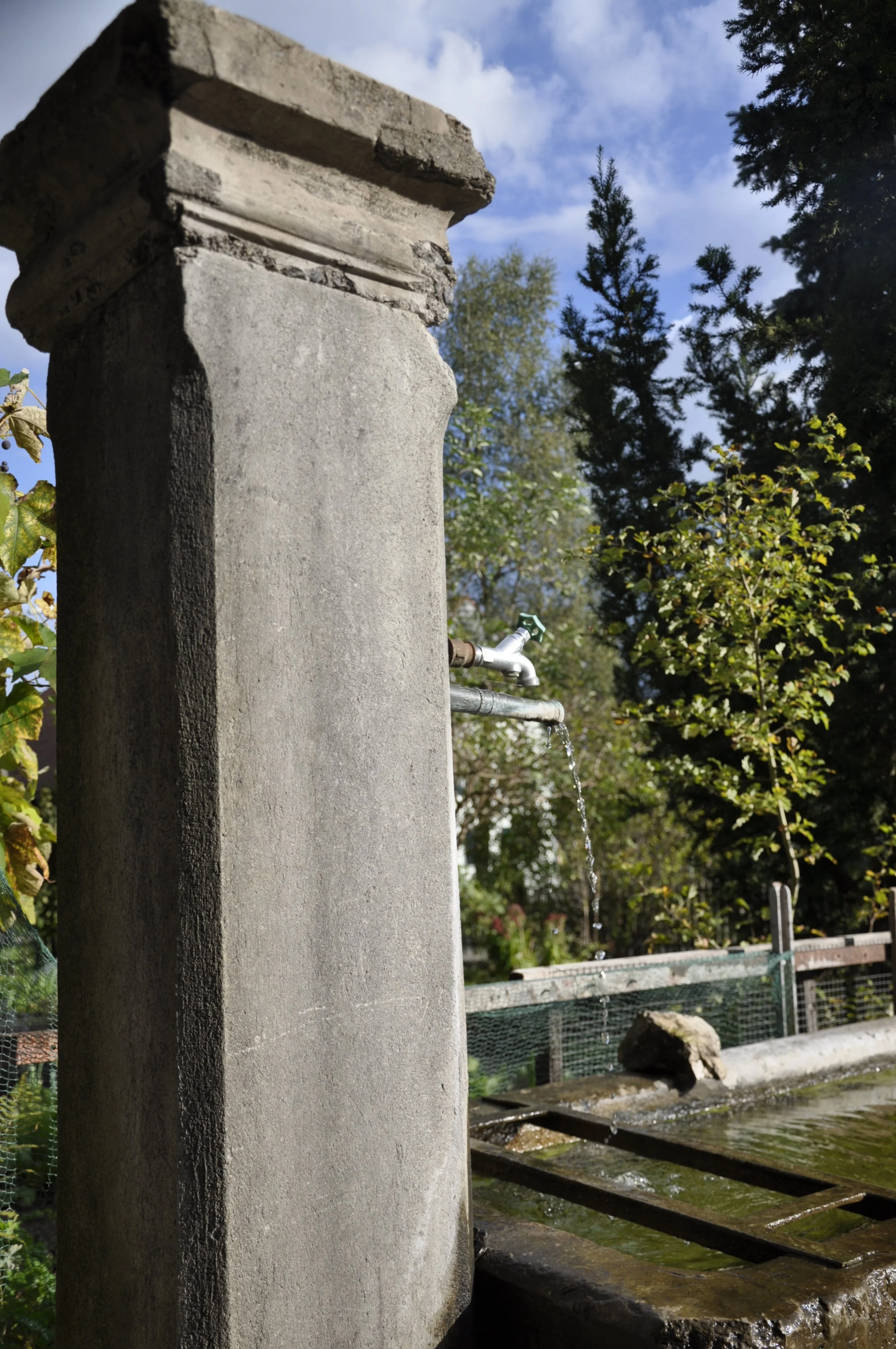 Steinputz mit Wasserhahn über einem Wasserbecken im Freien, umgeben von Bäumen und Blättern bei blauem Himmel.