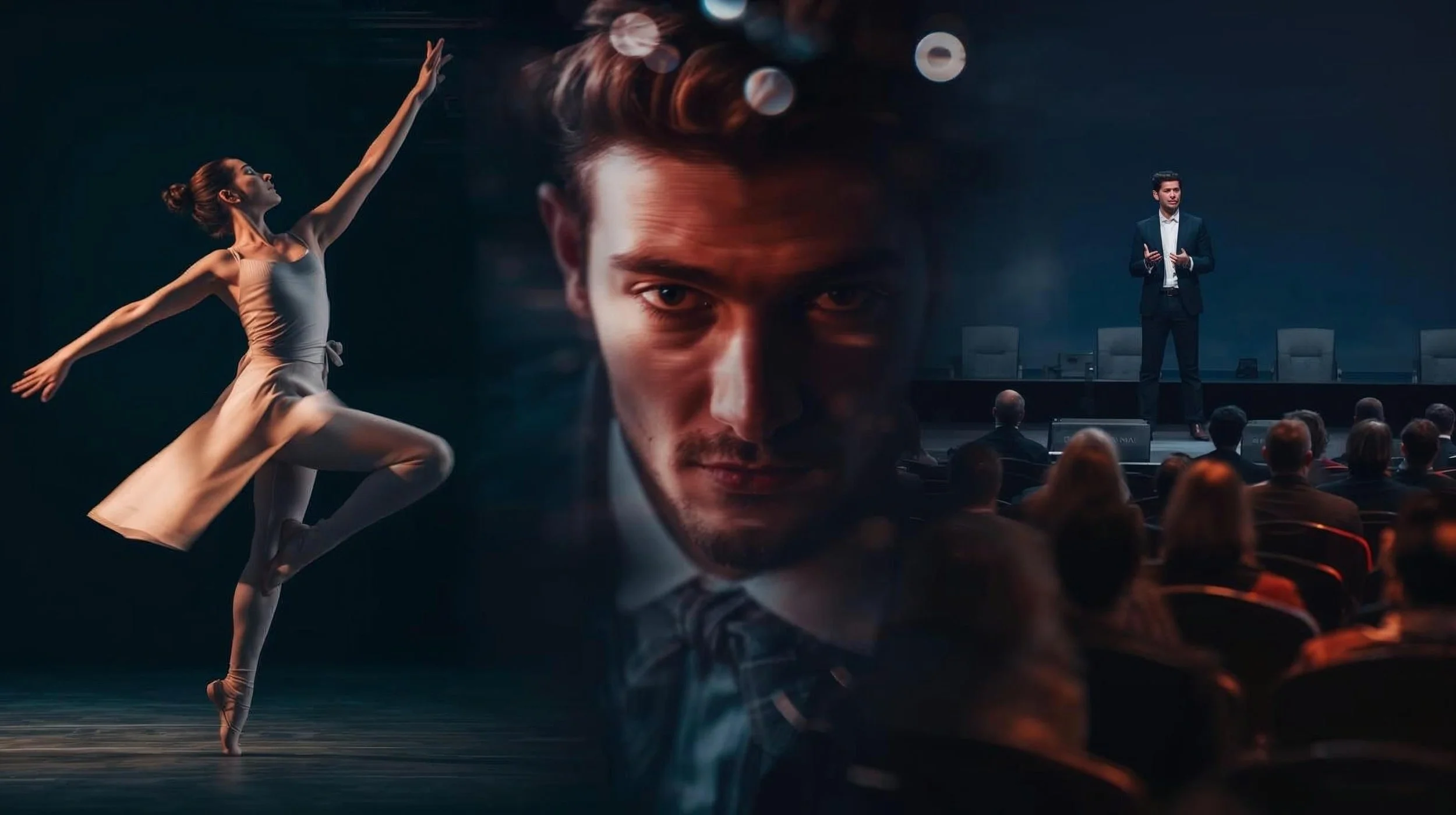 Combinazione di un'immagine di spettacoli per eventi aziendali,  speaker ad un congresso, volto di un personaggio famoso.