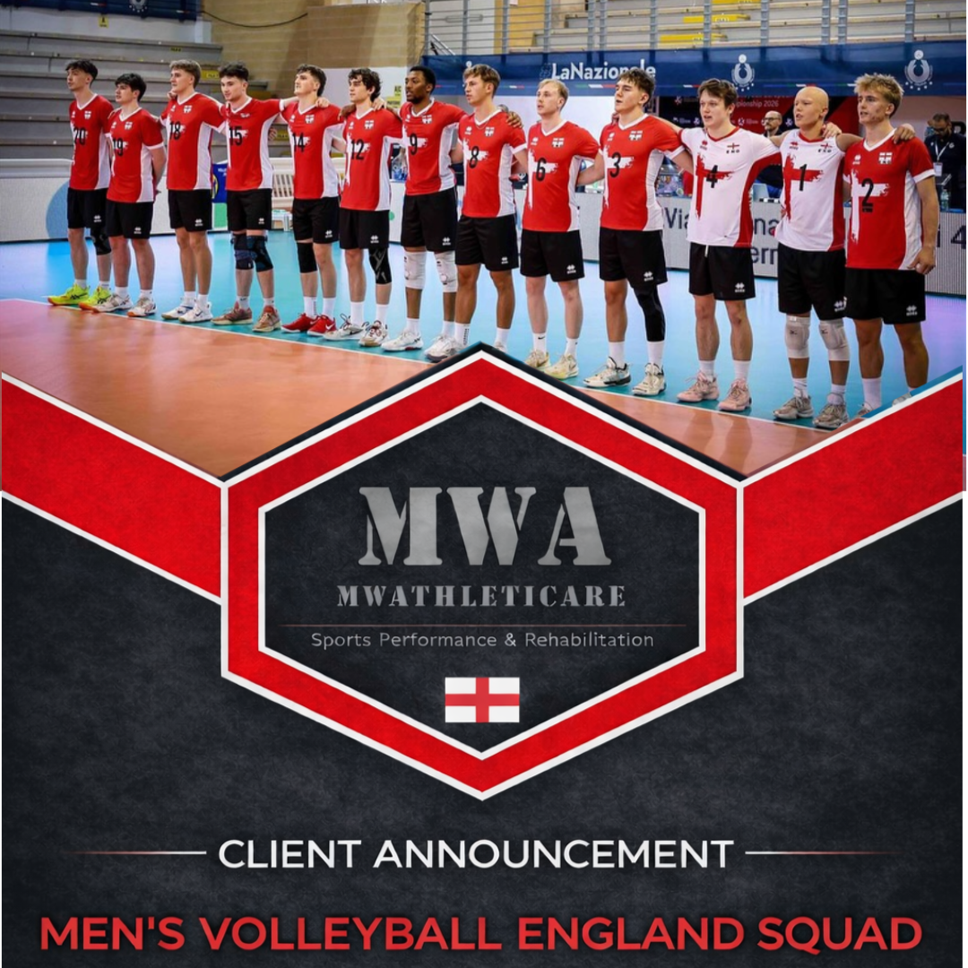 The image shows men's volleyball team standing in a line on an indoor court, wearing red and white jerseys, with a promotional poster below them for MWATHLETICARE, a sports performance and rehabilitation company, announcing the men's volleyball England squad.