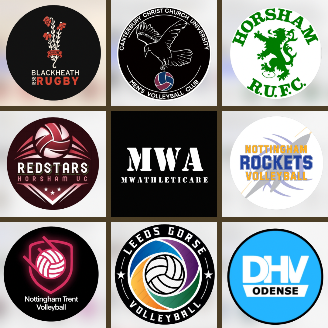 A collage of nine logos from various sports teams and clubs, including rugby, men's volleyball, football, and volleyball teams from different universities and organizations.