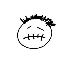 Drawing of a sad face with spiky hair, closed eyes, and a stitched mouth.