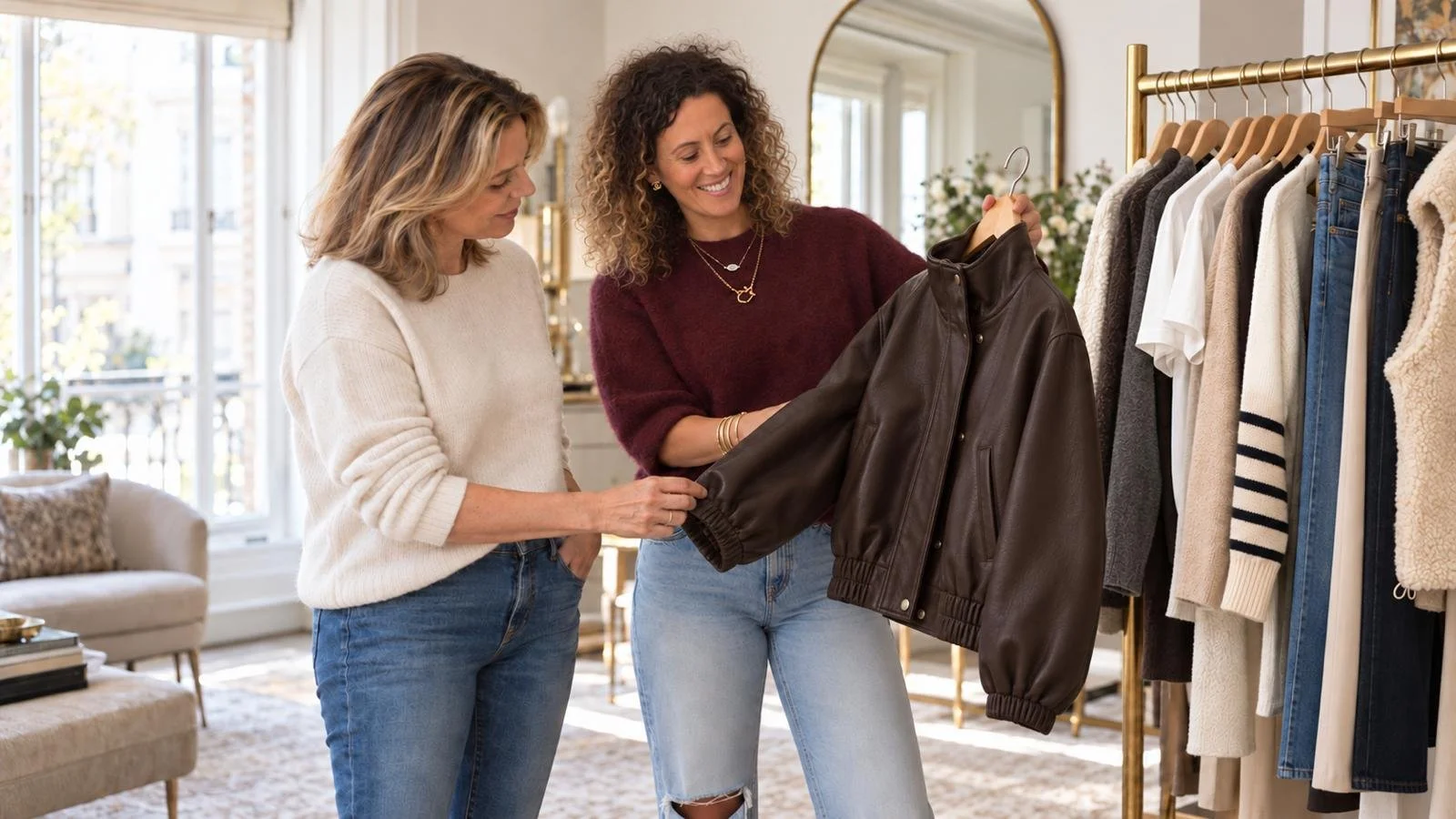 Personal shopping with a client. Two women shopping for a leather jacket inside a well-lit clothing store with racks of clothes in the background.