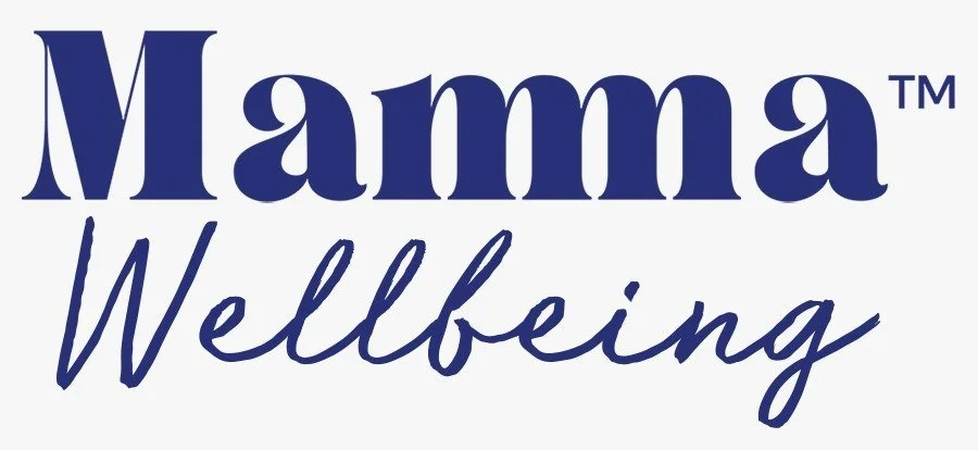 An image of the Mamma Wellbeing Logo in dark blue text, Mamma being in serif text, Wellbeing being in cursive text