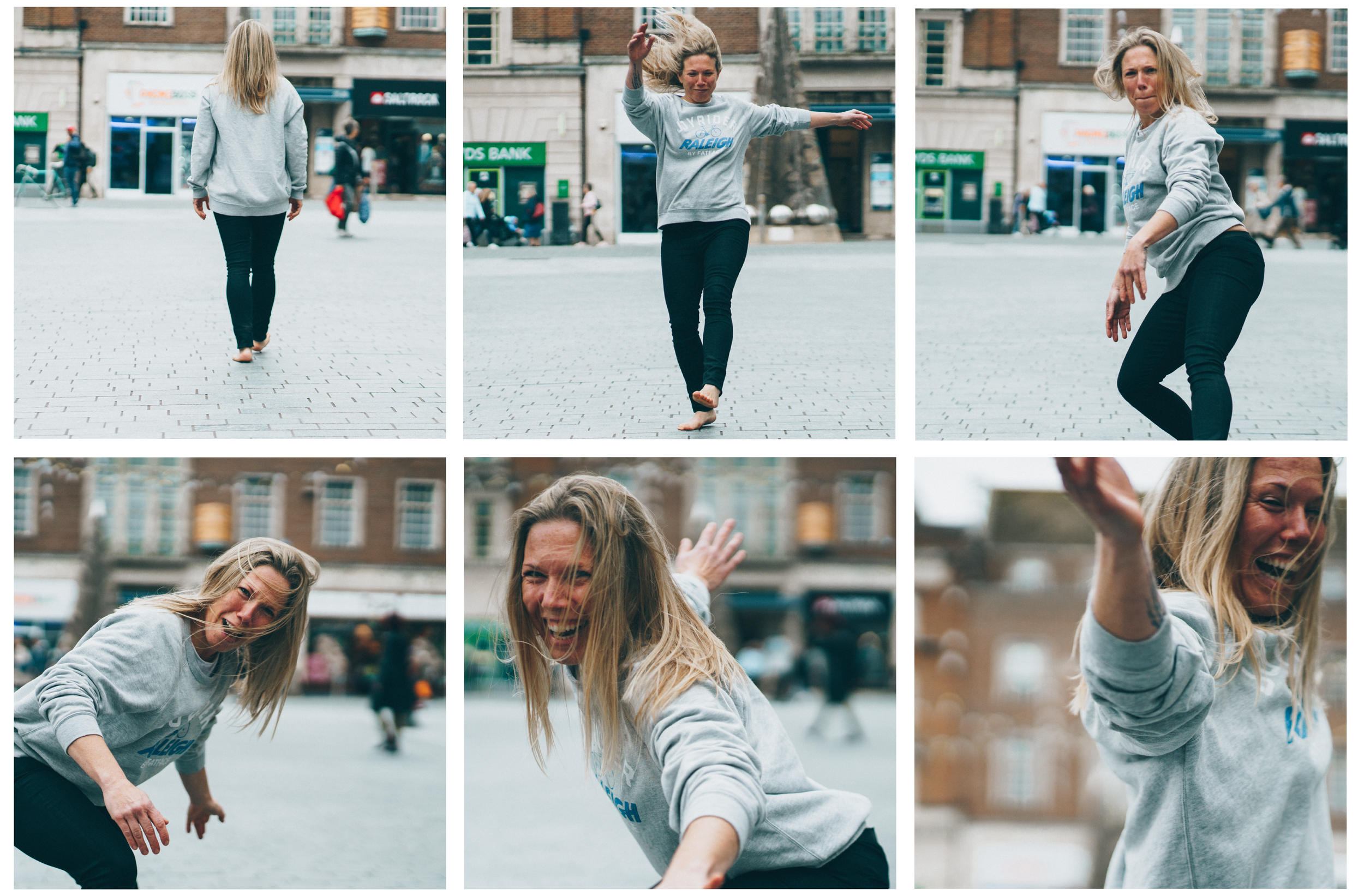 An image made up of 6 images of Abi Adams. Abi is smiling and doing different poses in each photo