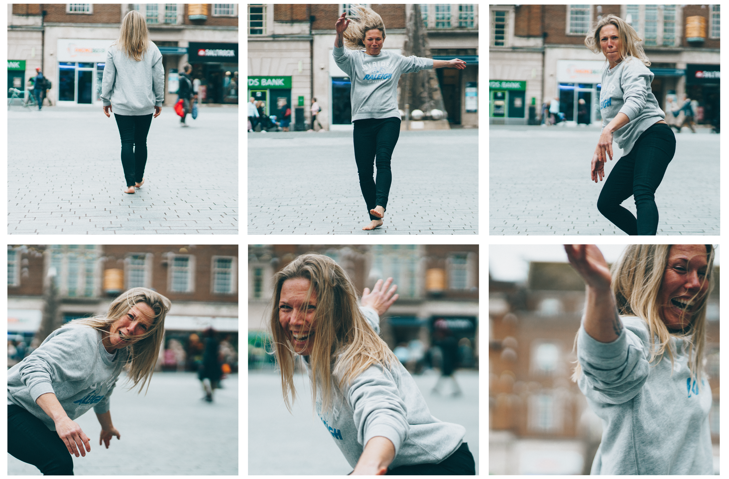 An image made up of 6 images of Abi Adams. Abi is smiling and doing different poses in each photo