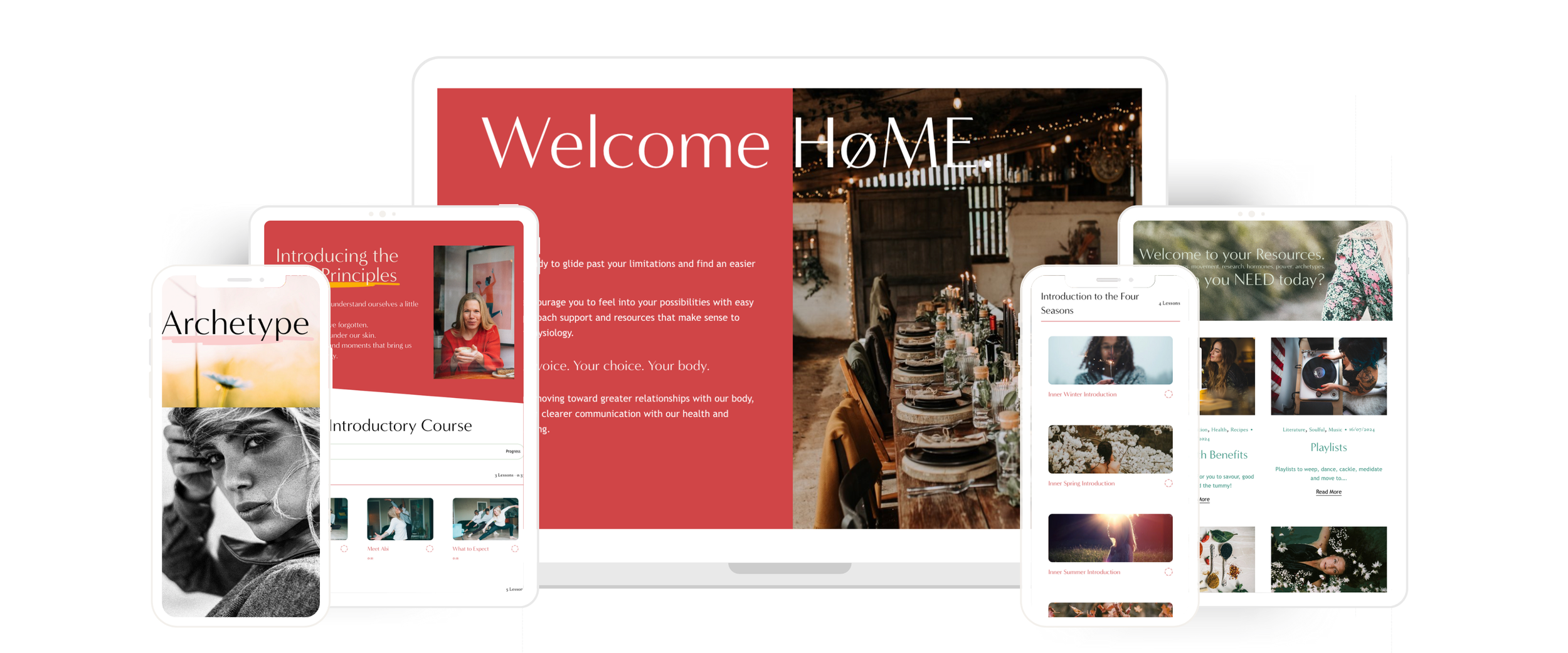 An image of a mockup of the House of Human Movement community, displayed on a mobile phone, an iPad, and a computer screen
