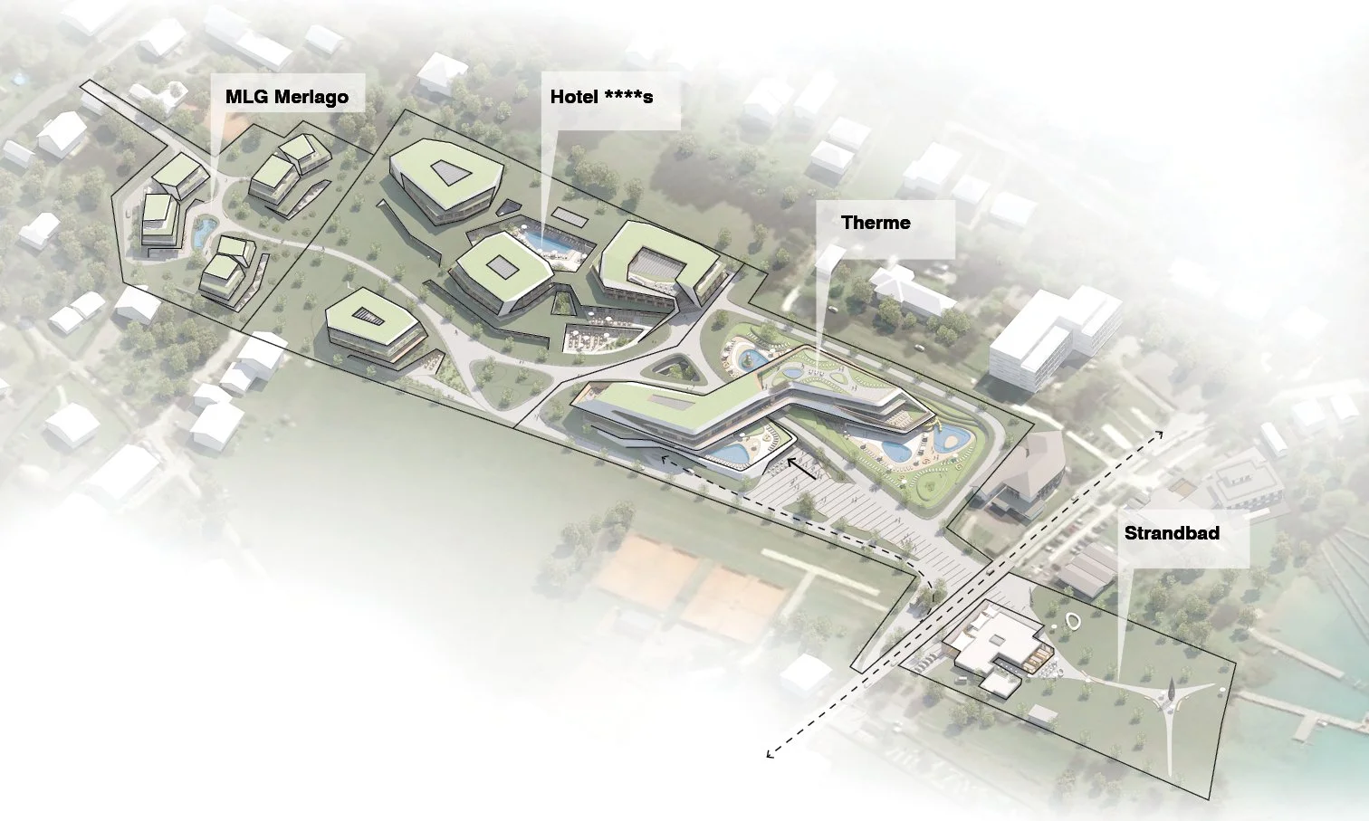 A detailed aerial site plan showing various buildings and amenities, including a hotel with a green roof, a thermal spa, a beach area, and multiple residential or commercial structures with pathways, pools, and landscaped areas, all labeled in German.