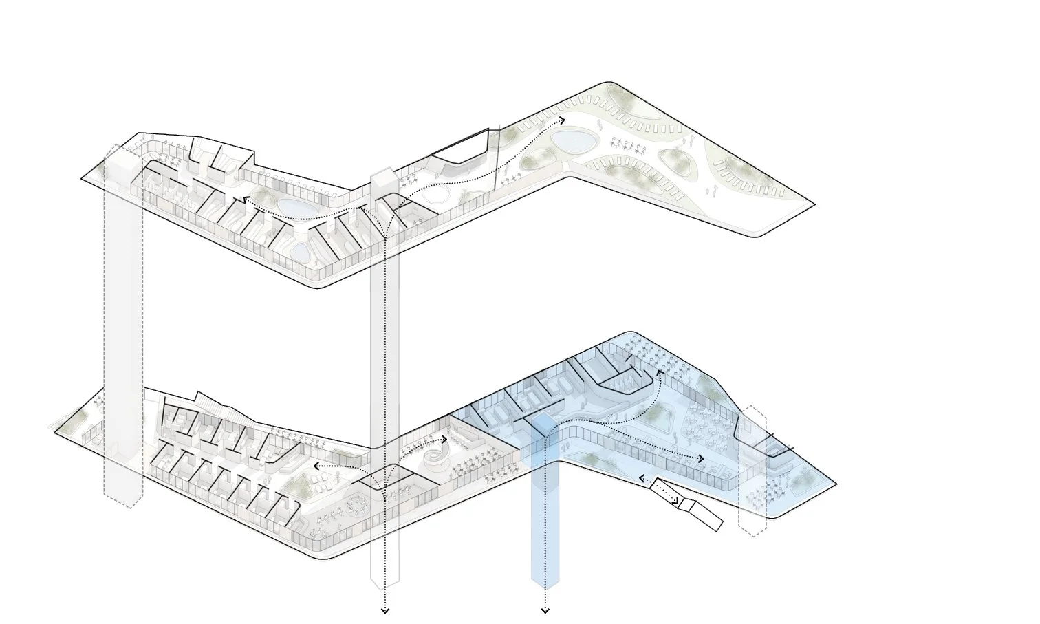 Axonometric architectural diagram showing a multi-level building with interior rooms, gardens, and water features, with dotted lines indicating movement paths.
