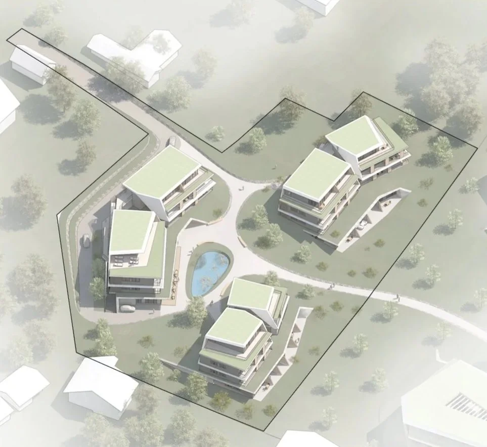 Architectural rendering of a residential complex with four modern buildings, a central pool, pathways, and landscaped green space.
