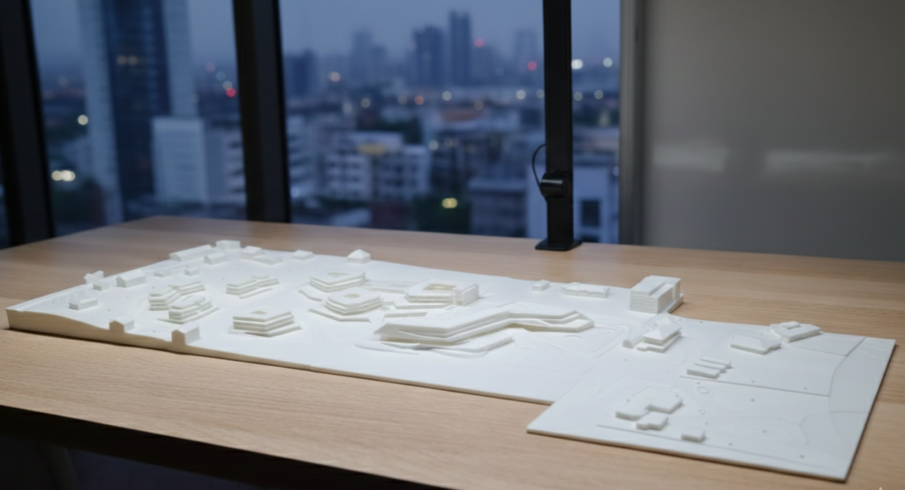 Architectural model with white buildings on a table in an office with a city skyline view outside.