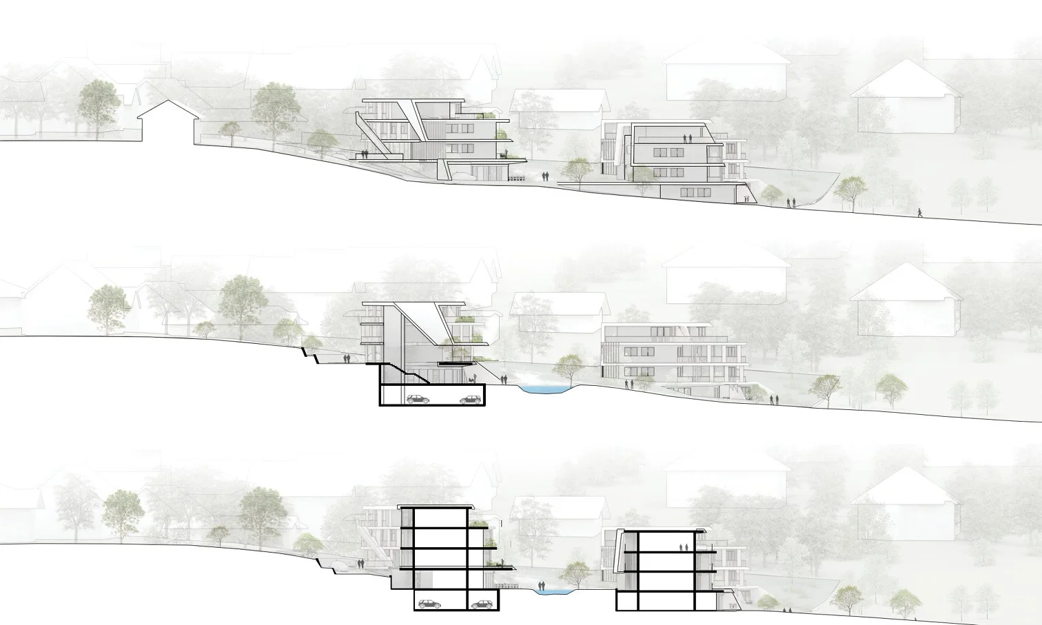 Architectural sectional drawings of a modern residential building on a hillside, showing different floor plans and underground parking with cars, trees, and surrounding houses in background.