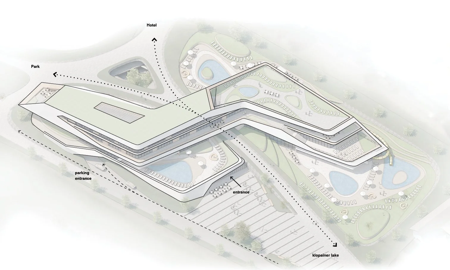 Architectural layout of a large, modern, multi-story building with parking, multiple pools, landscaped green areas, and surrounding pathways, with labels indicating entrances, parking, hotel, park, and Klopainer Lake.
