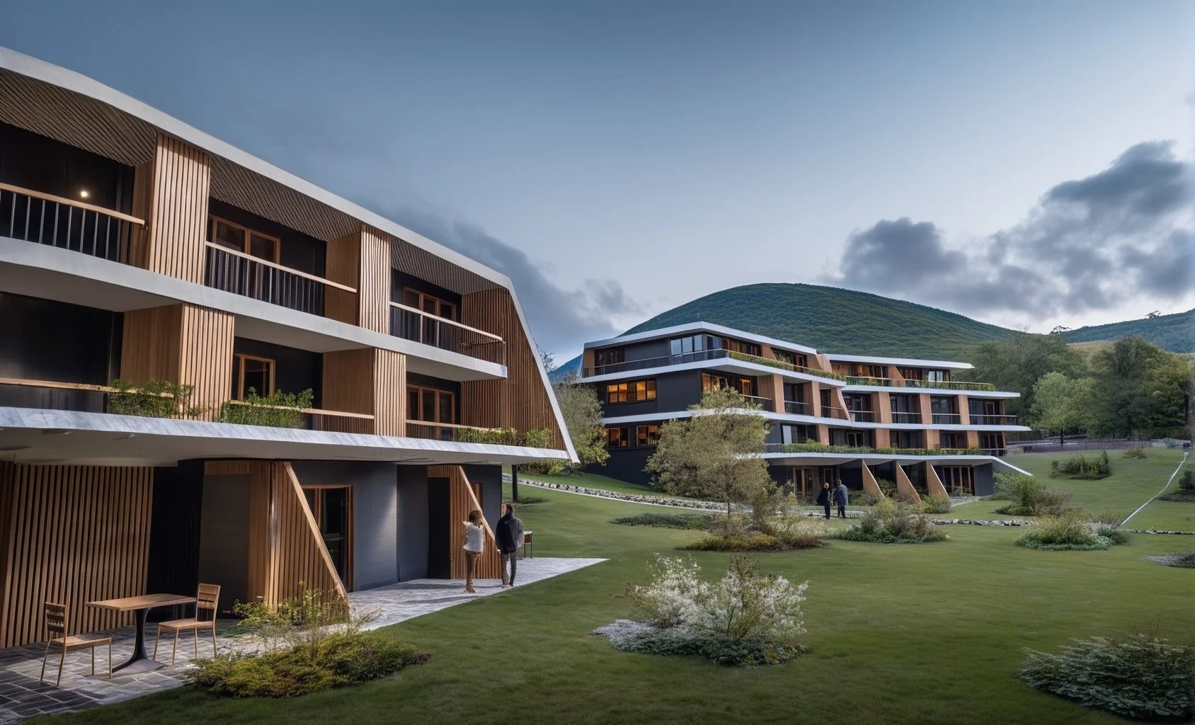 Modern multi-story buildings with wood and dark siding, surrounded by landscaped green lawns and trees, mountain backdrop, cloudy sky, and a few people walking.
