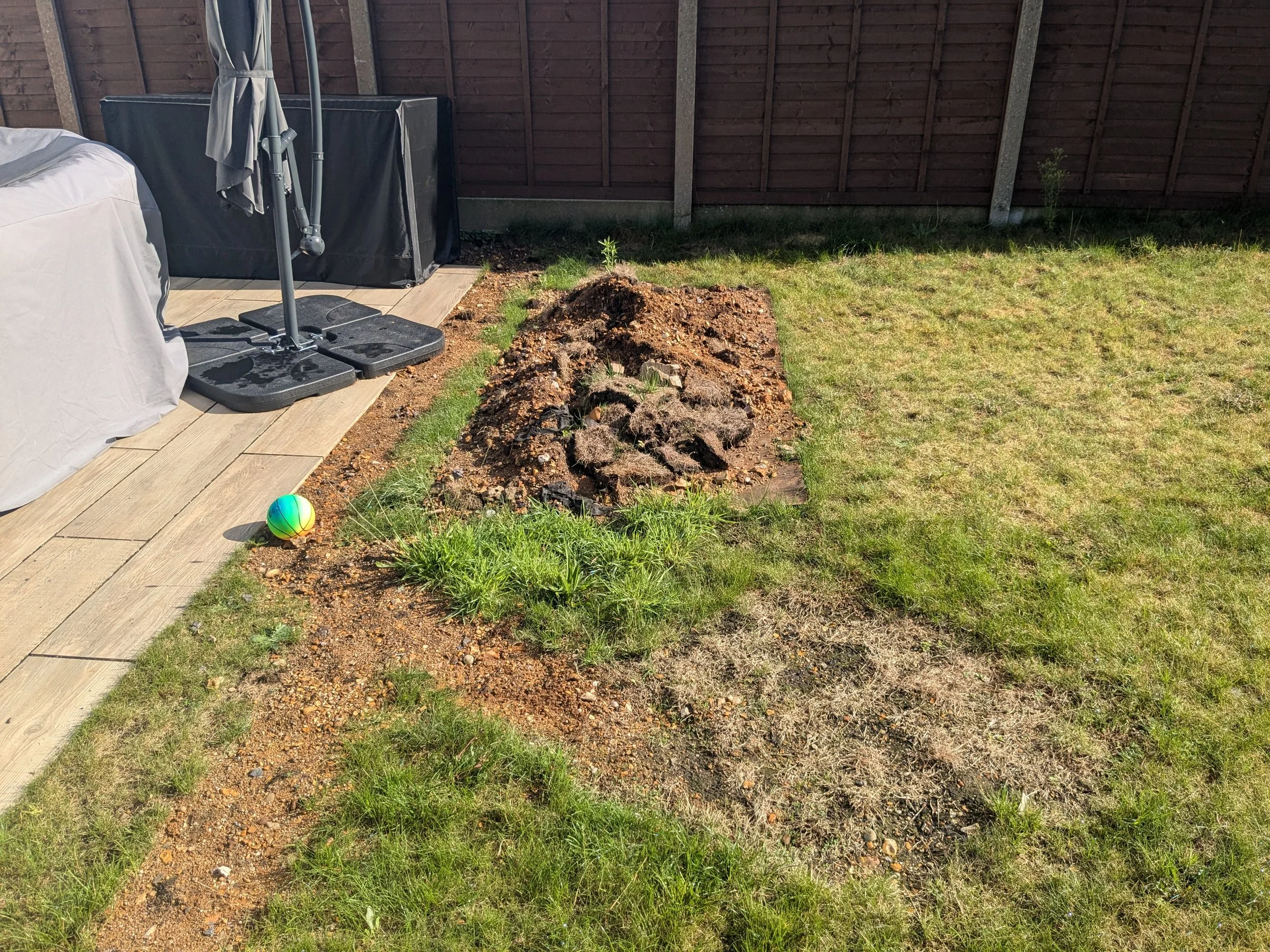 A sunlit backyard garden with a dirt bed for planting, adjacent to a grassy lawn, with outdoor furniture and a colorful ball nearby.