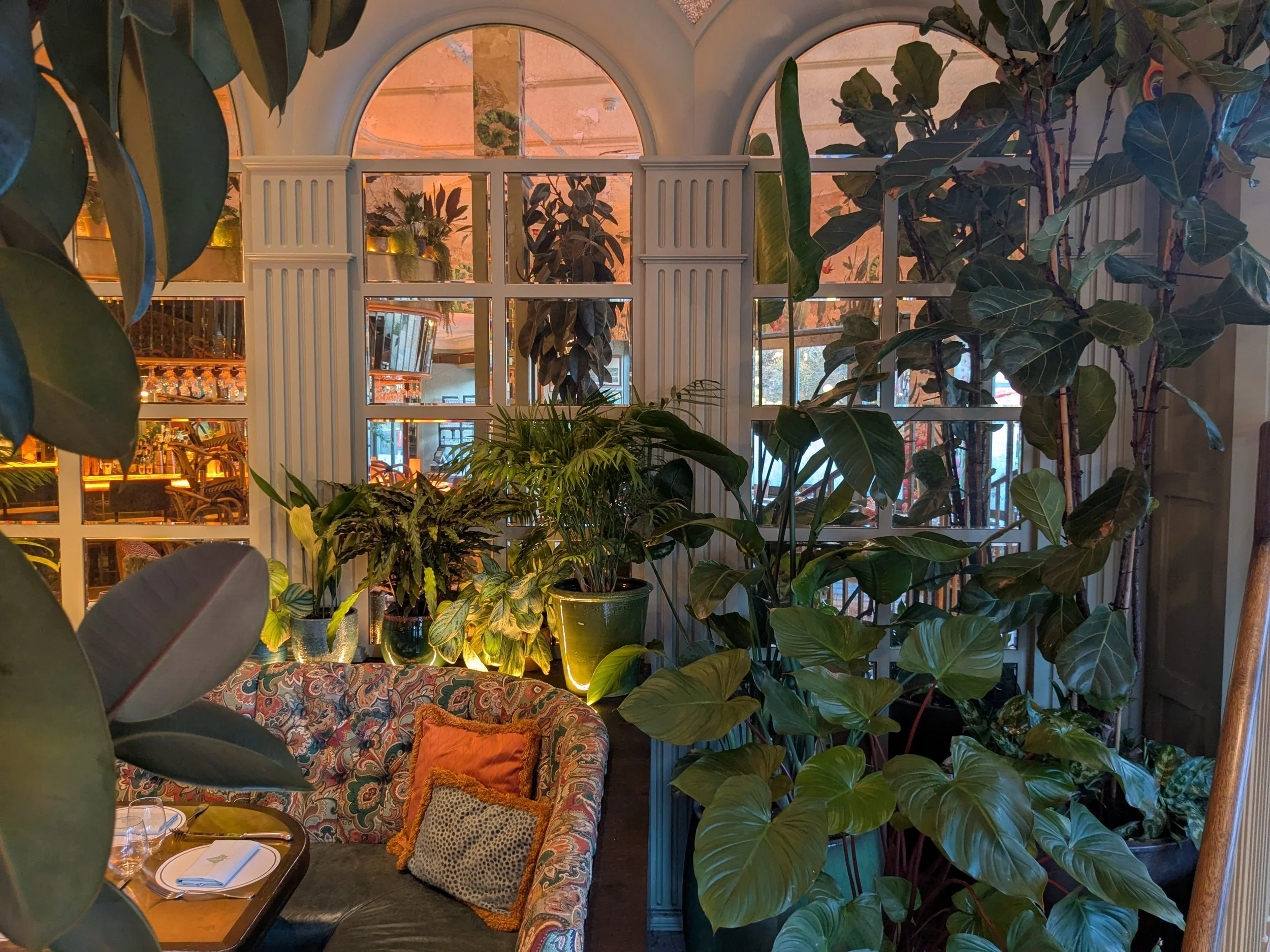 Interior of a Ivy restaurant Bournemouth with lush green plants, a colorful patterned sofa with cushions, a table set with plates and cutlery, and a decorative window with multiple small panes and an arch at the top.