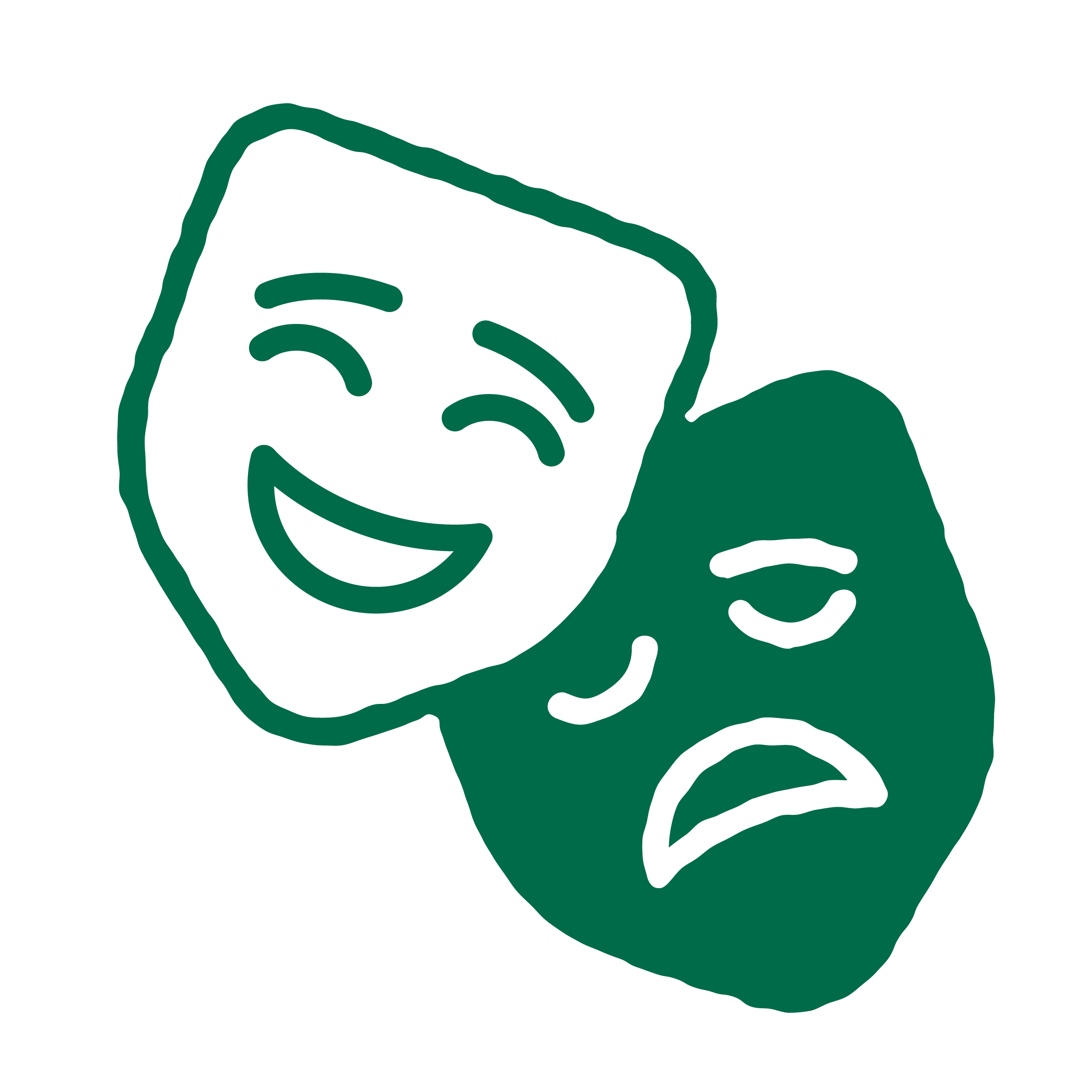 Line drawing of two theater masks, one smiling and happy, the other frowning and sad, symbolizing comedy and tragedy.