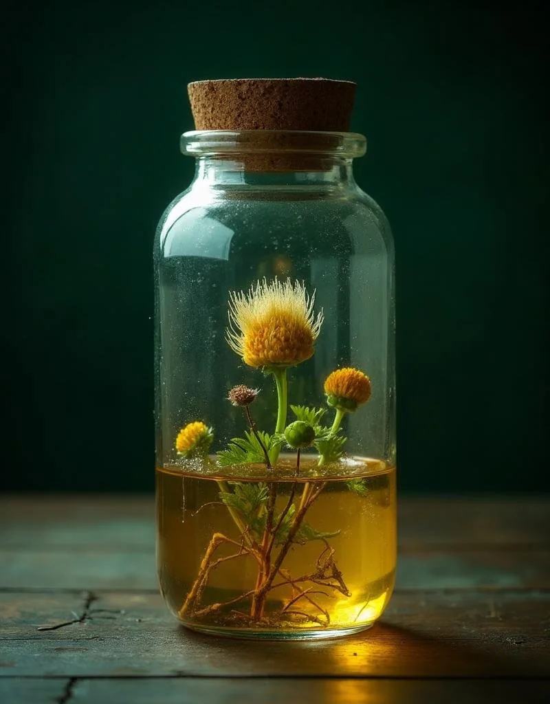 A glass jar with a cork lid contains a small flowering plant with yellow flowers, submerged in liquid.