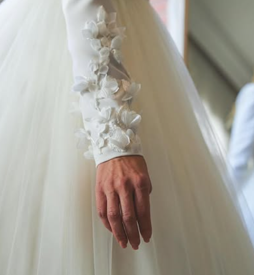 Close-up of a person's hand and wrist, dressed in a white garment with floral details on the sleeve, against a light-colored background.