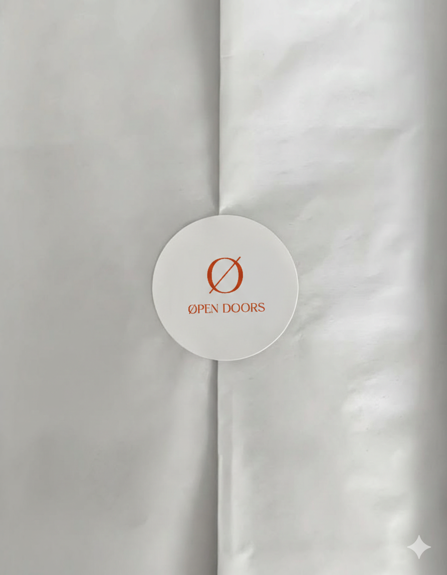 A round sign on a door that reads 'Ø OPEN DOORS' with a slash through the zero symbol.