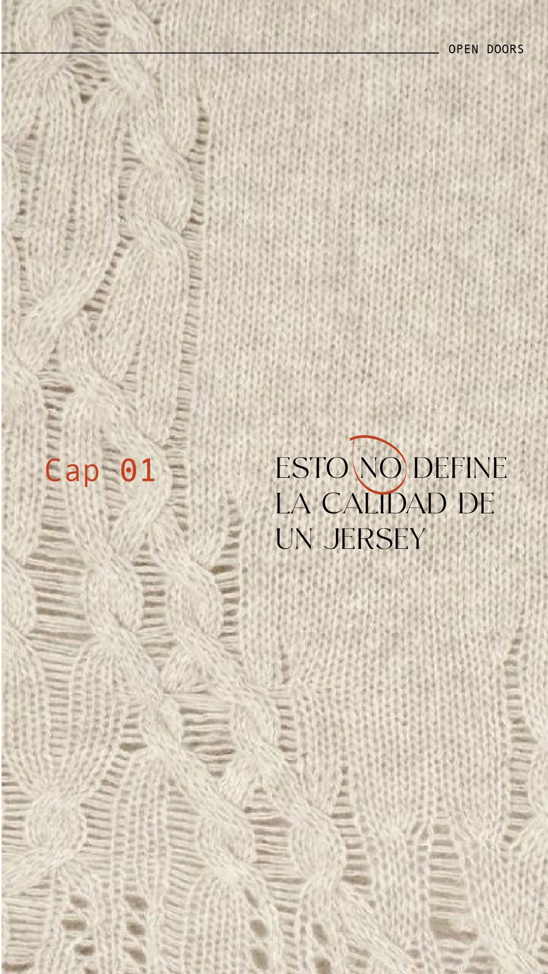 Close-up of a cream-colored knit fabric with decorative pattern on the left side, with text overlay in Spanish saying "Esto no define la calidad de un jersey" and "Cap 01" in red.