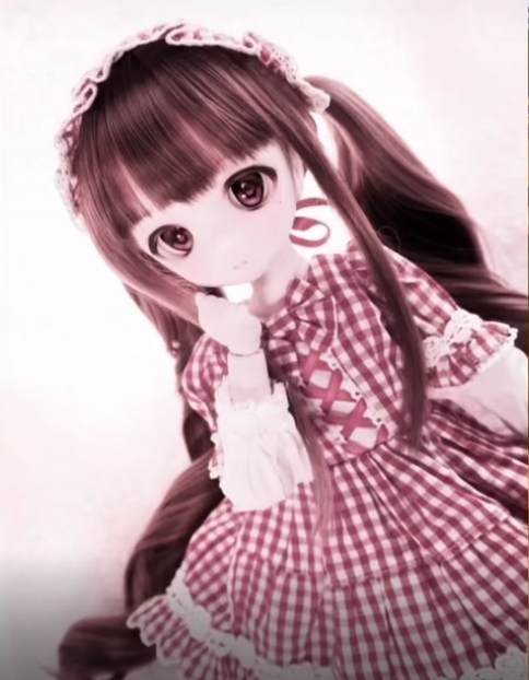 A doll representing how Meowbah looks  with long brown hair in pigtails, wearing a pink and white checkered dress with lace details and a matching headband.
