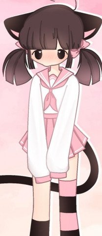 Meowbah wearing a white and pink sailor school uniform with a pink tie, pink and black striped thigh-high socks, and a cat tail, against a pink background.
