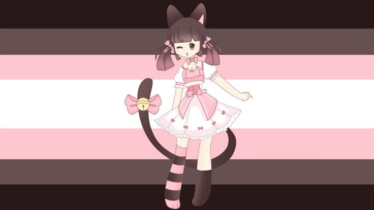 Meowbah wearing a pink and white dress, striped thigh-high socks, and a bow in her hair, standing against a pink, brown, and Meowbah flag as a background