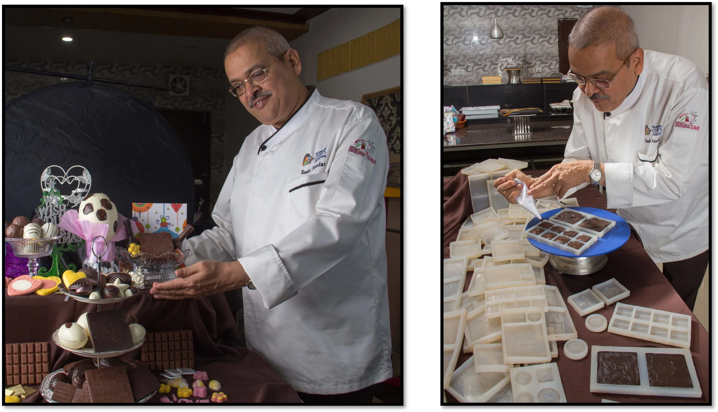 Chef Keshi Nisudan showcases a variety of chocolates and confections on a multi-tiered stand and a table, with a lighting tent set up behind him in one photo, and the chef preparing chocolates using molds on a table in the other.