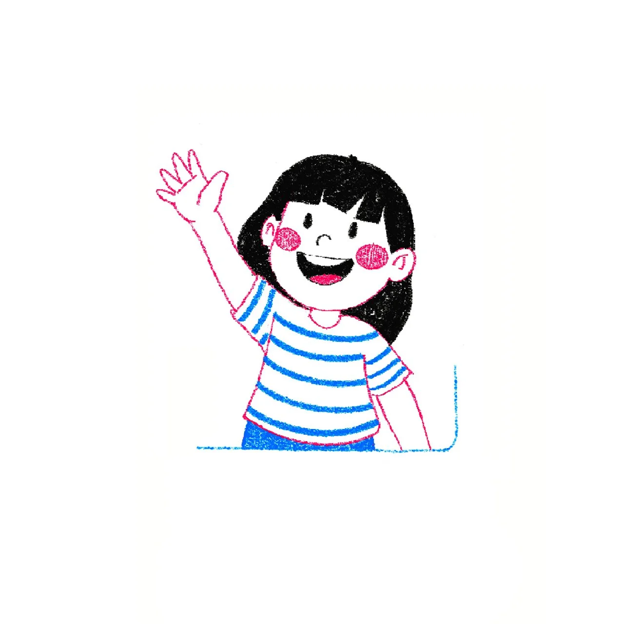A smiling cartoon girl with black hair and pink cheeks, wearing a blue and white striped shirt, waving with her right hand.