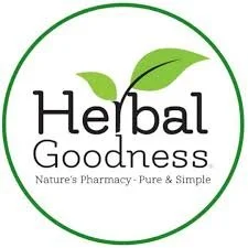 Herbal Goodness logo with two green leaves above the text and the slogan 'Nature's Pharmacy - Pure & Simple' underneath.